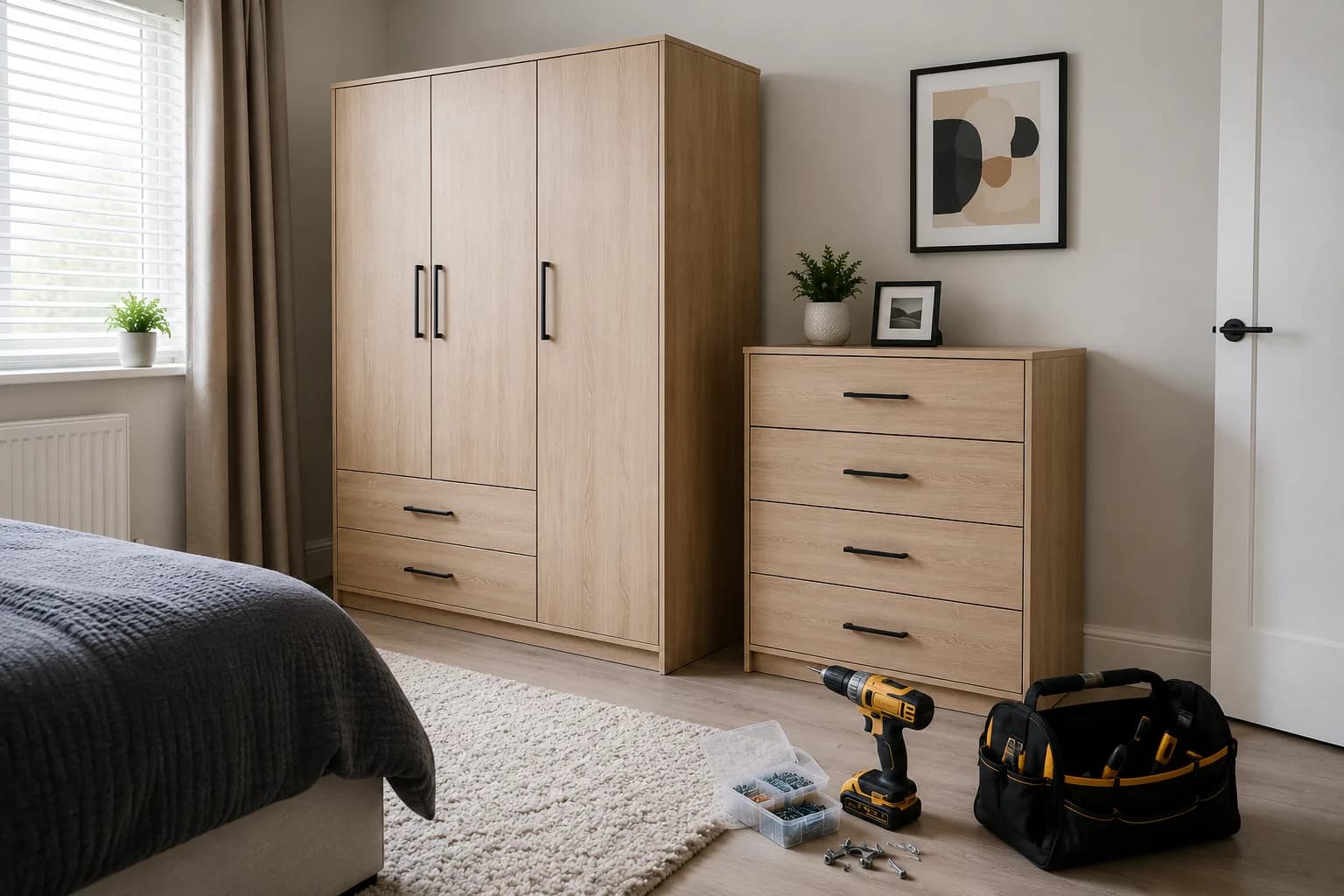 A flat-pack wardrobe and chest of drawers assembled in a bedroom, with a cordless drill, screws and a tool bag on the floor