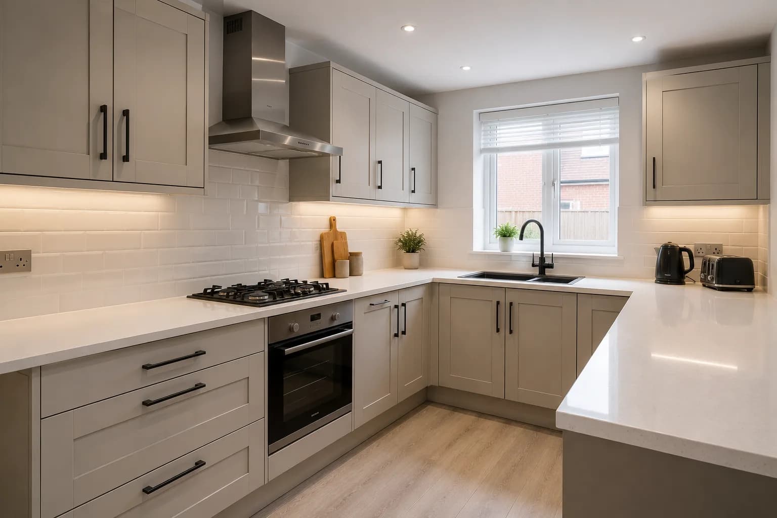 A fitted kitchen with shaker cabinet doors, black handles, a mixer tap over a sink and an integrated oven and hob