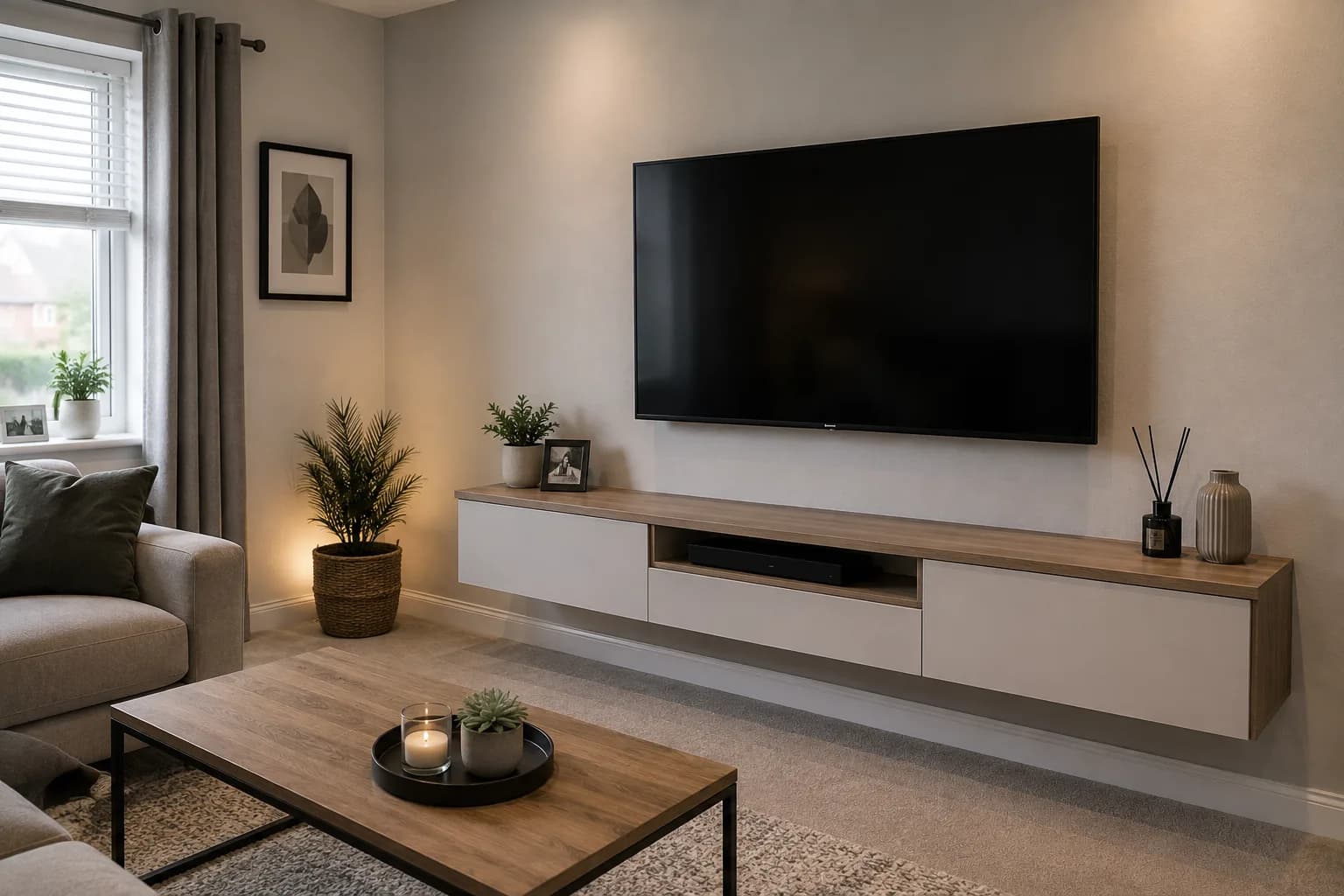 A large flat-screen television wall mounted above a floating media unit in a living room
